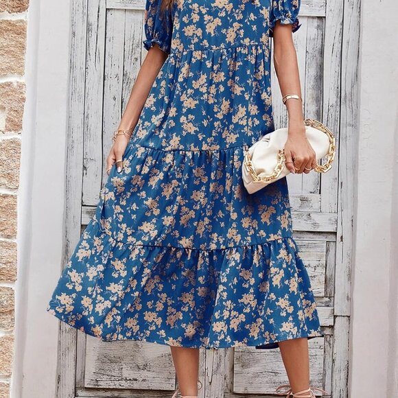 Summer Dresses for Women 2025 Casual Floral Boho Midi Sun Dress Puff Short Sleev - Picture 8 of 8